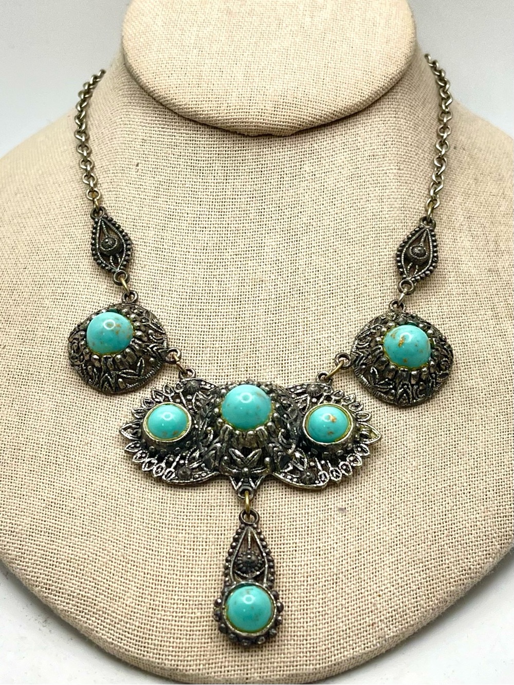 Vintage Art Deco Style Faux Turquoise Filigree Statement Bib Festoon Necklace